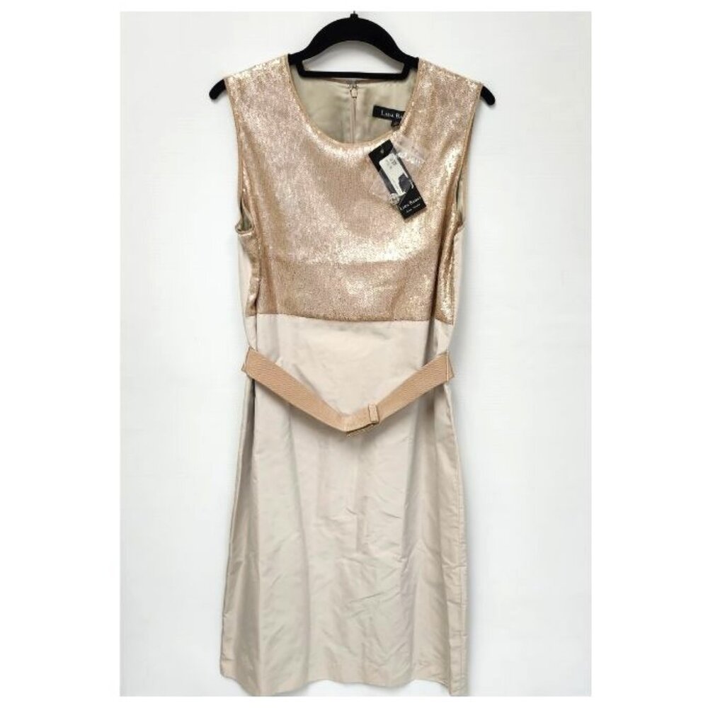 Lida Baday Women's Cream/Rose Coloured Silk/Sequin Dress W/Belt Size 10